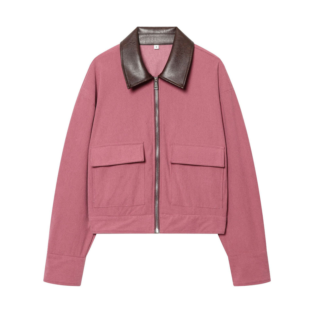 Damen cropped Cordjacke mit übergroßem Kunstlederkragen, Metallreißverschluss und großformatigen Pattentaschen – Célinea
