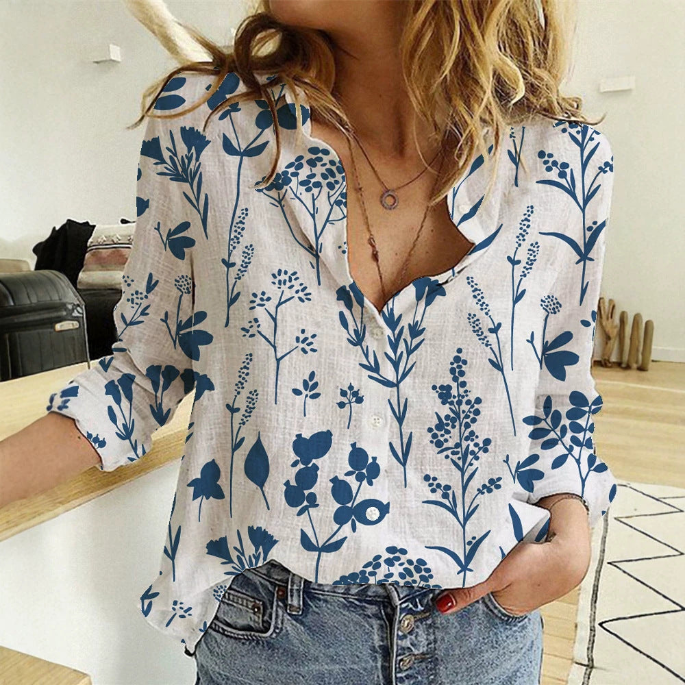 Damen nan lockere Leinenoptik-Bluse mit V-Ausschnitt botanischem Alloverprint und Dreiviertelärmeln Echo Archiv