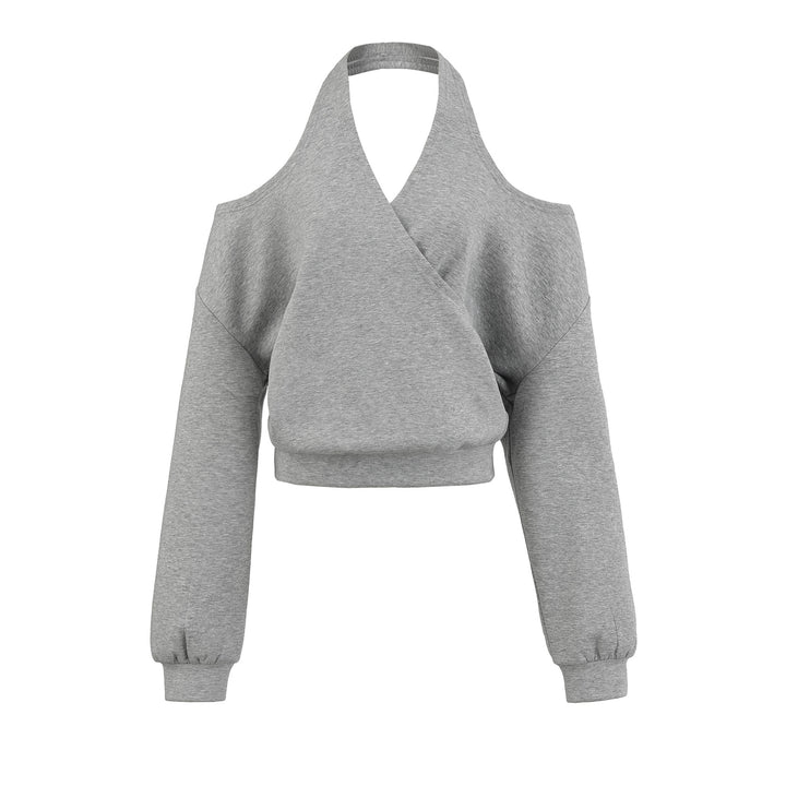 Damen Cropped Sweatshirt mit Neckholder, Cold-Shoulder und Wickeloptik Echoarchiv