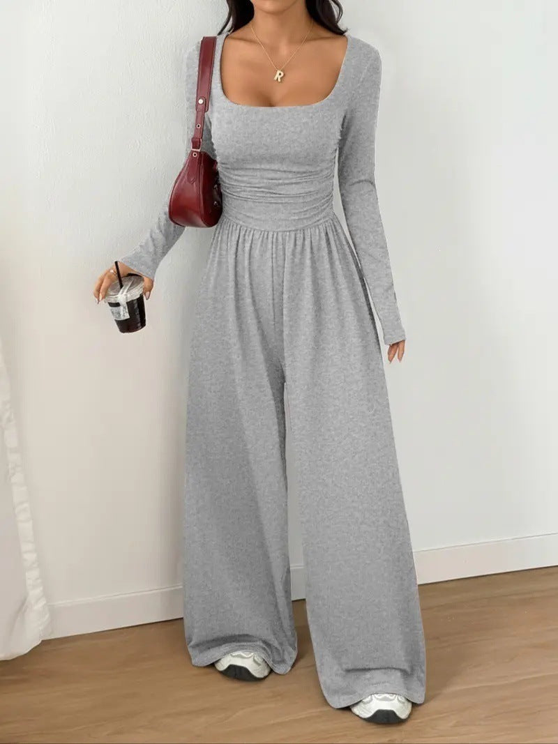 Damen Jumpsuit mit weitem Bein, eckigem Ausschnitt und geraffter Taillenpartie Echoarchiv