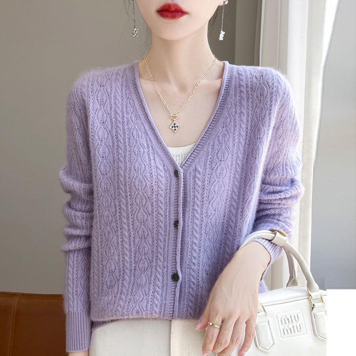 Damen Kurzer Zopfmuster-Cardigan im Mohair-Look mit V‑Ausschnitt und gerippten Bündchen Echoarchiv
