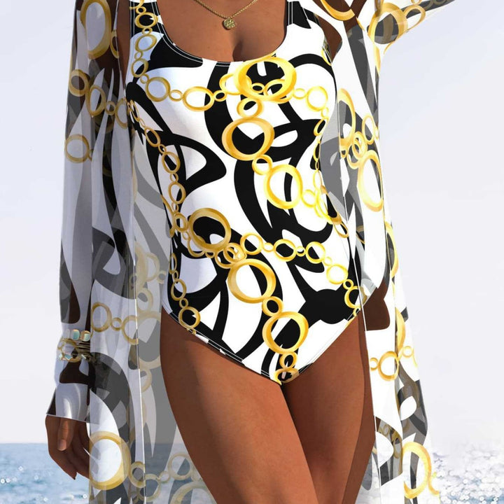 Damen eleganter Einteiler Badeanzug mit transparentem Überwurf und modernem Ringdesign Echo Archiv