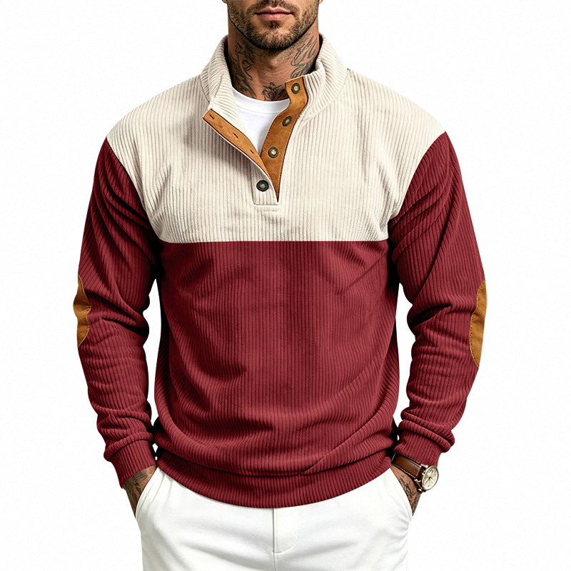 Herren Strukturierter Troyer-Pullover mit Stehkragen, Druckknopfleiste und Ellbogen‑Patches Echoarchiv
