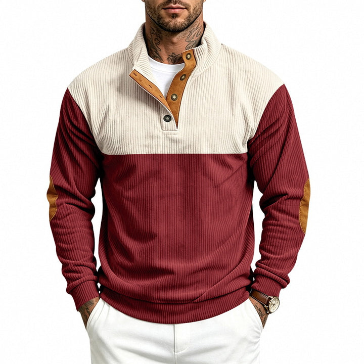 Herren Strukturierter Troyer-Pullover mit Stehkragen, Druckknopfleiste und Ellbogen‑Patches Echoarchiv