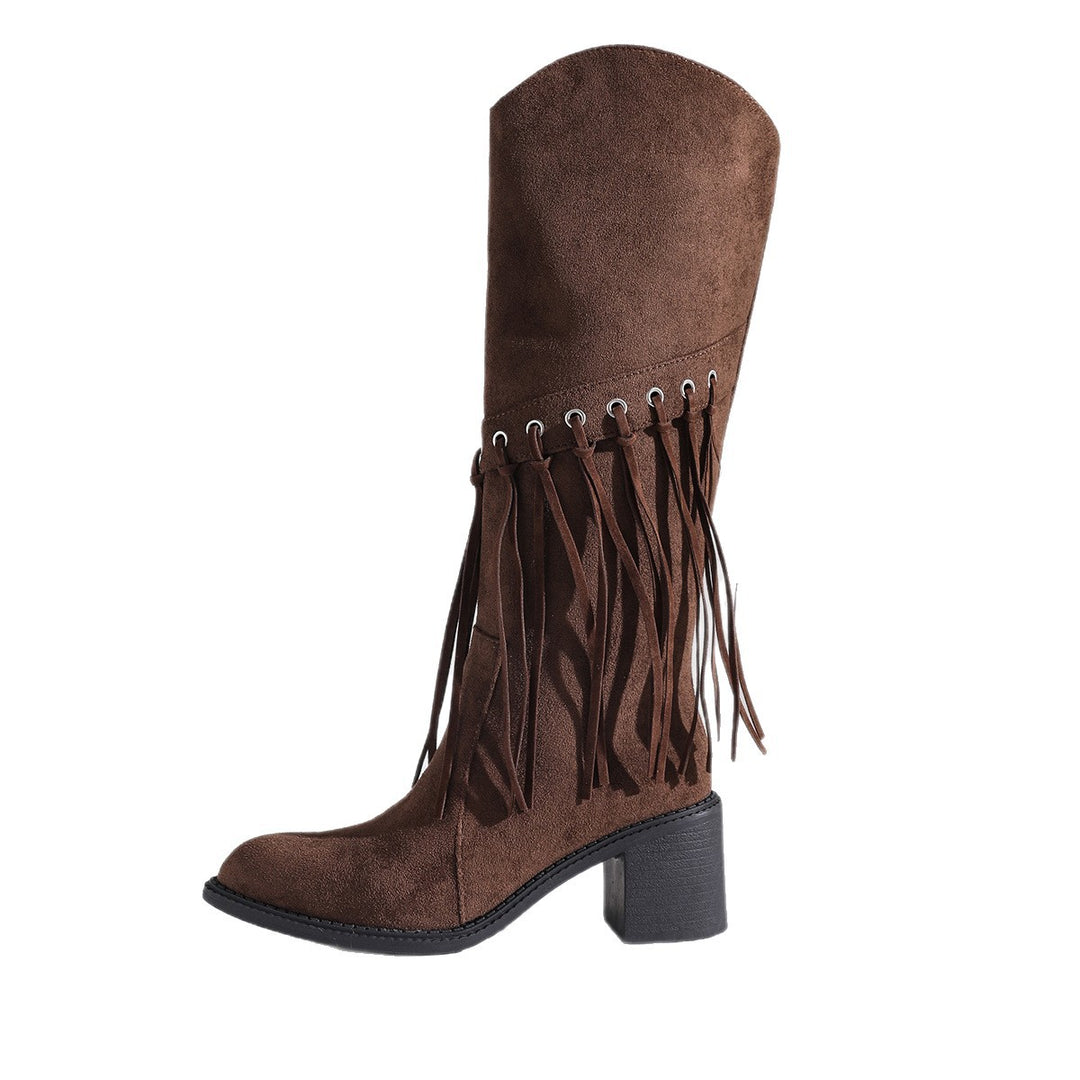 Damen wadenhohe Fransen-Stiefel in Wildlederoptik mit Ösendetail und mittelhohem Blockabsatz Echo Archiv