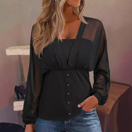 Damen transparentes Chiffon-Blusentop mit Knopfleiste und taillierter Passform – Avérine