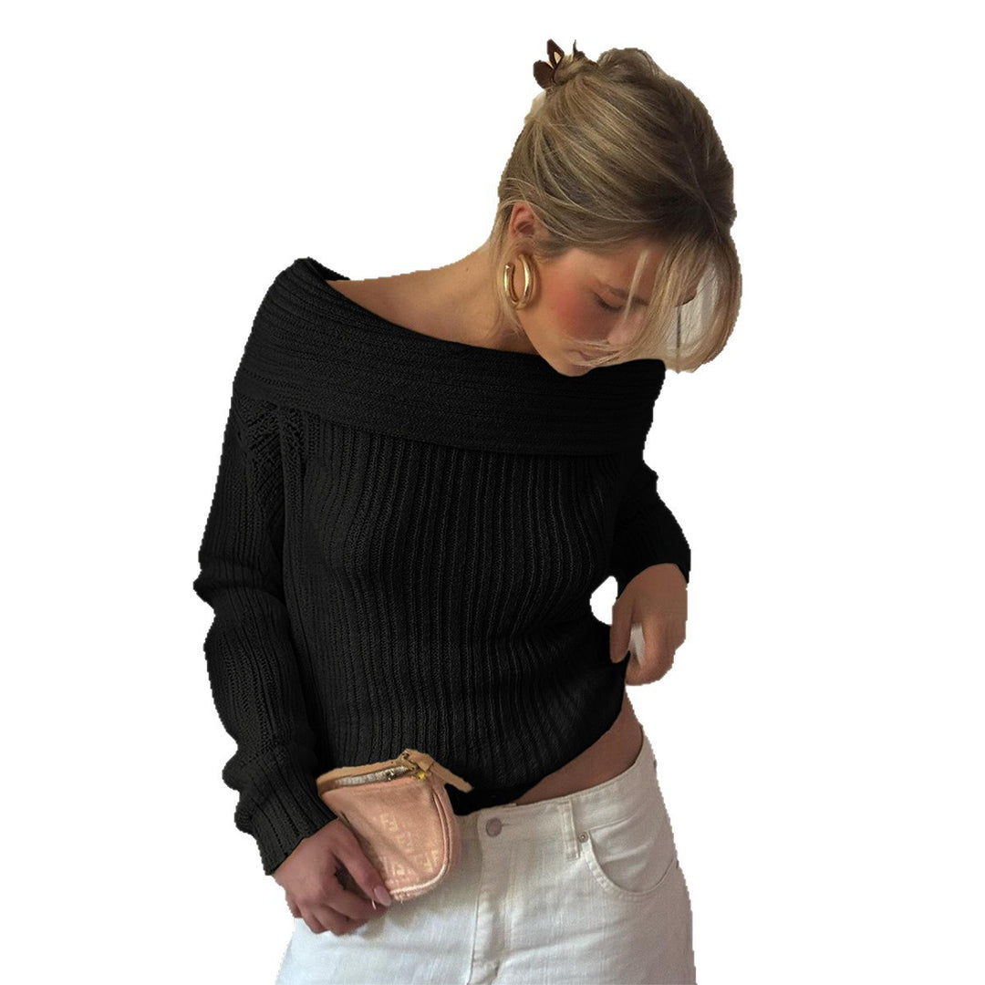 Damen Off-Shoulder Rippstrickpullover mit schmaler Silhouette und gerolltem Ausschnitt – Mavelle