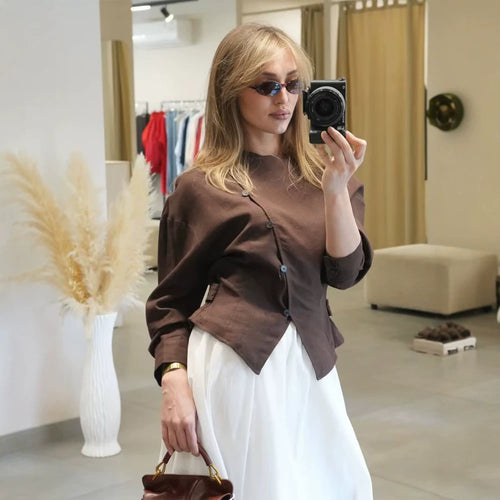 Damen Asymmetrische taillierte Bluse mit diagonaler Knopfleiste Echoarchiv