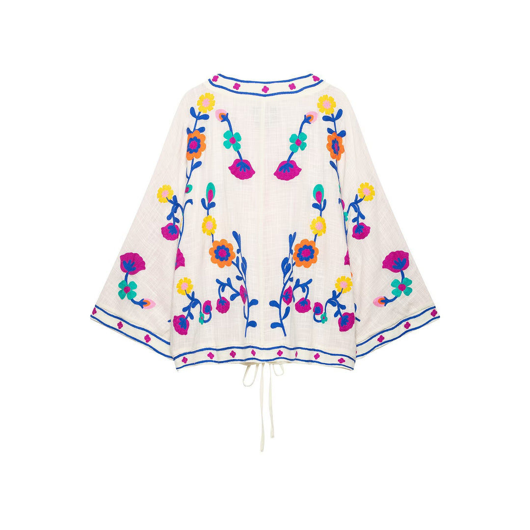 Damen Bestickter Kurz-Kimono mit floralem Stick und Bindegürtel Echo Archiv