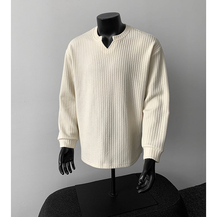 Herren nan grobstrukturierter Strickpullover mit V-förmigem Schlitzkragen und gerundetem Saum Echo Archiv