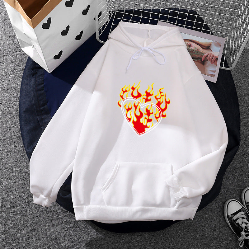 Damen leichter Oversize Kapuzenpullover mit Herz‑EKG‑Motiv, langen Kordeln und elastischem Bund – Auréline
