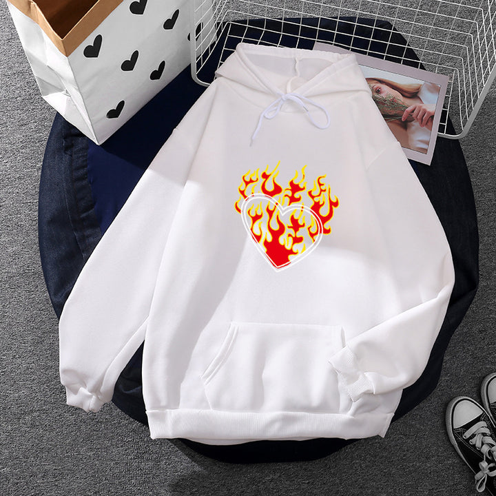Damen leichter Oversize Kapuzenpullover mit Herz‑EKG‑Motiv, langen Kordeln und elastischem Bund – Auréline