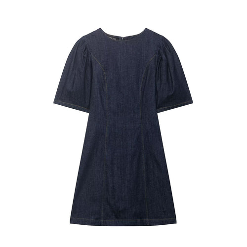 Damen A‑Linien Jeanskleid mit Puffärmeln und figurbetonten Abnähern Echoarchiv