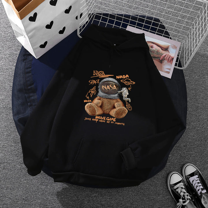 Damen lässiger Hoodie mit Astronauten‑Teddy‑Print, Kängurutasche und weichem Fleece-Innenfutter – Auréline