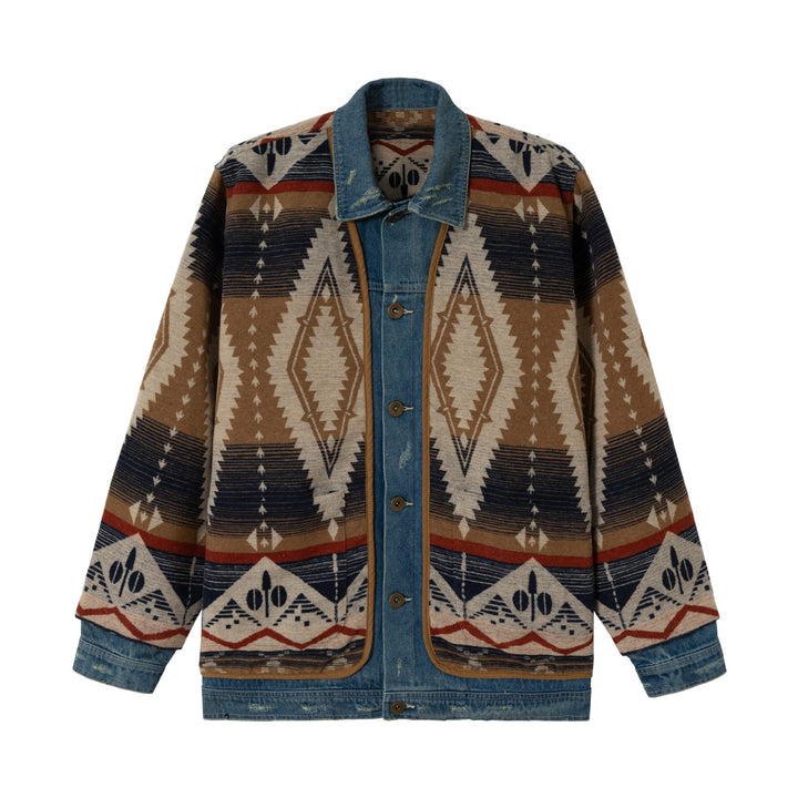 Unisex Kurzer gewobener Azteken-Cardigan mit Denimblende Echoarchiv