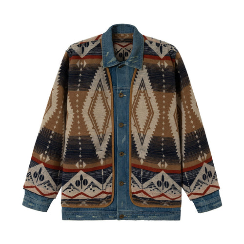 Unisex Kurzer gewobener Azteken-Cardigan mit Denimblende Echoarchiv