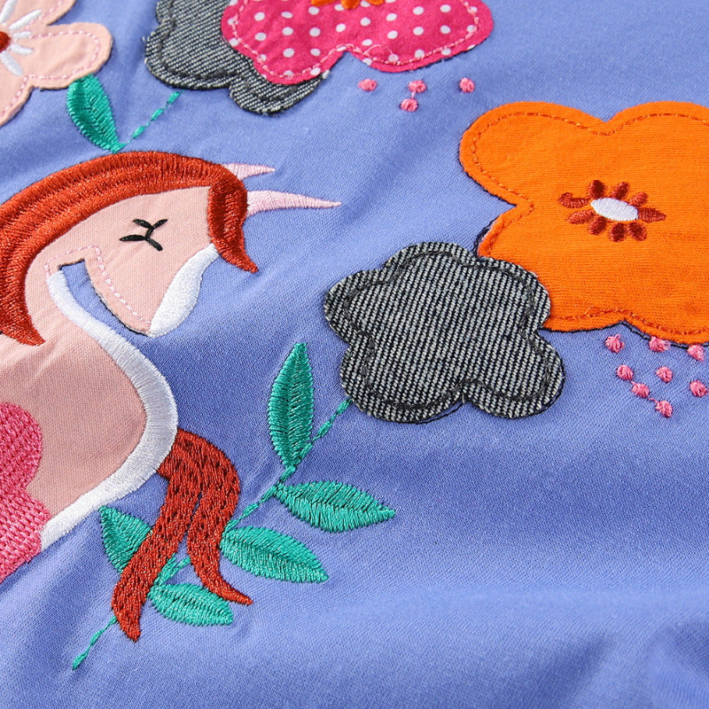 Mädchen Baumwoll-Kleid mit handgestickter Einhorn-Applikation Echo Archiv