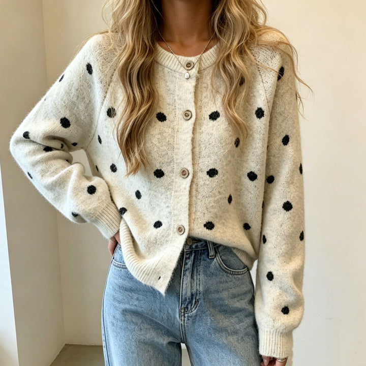 Damen Gepunkteter Mohair‑Optik Button‑Cardigan mit Rundhalsausschnitt – Veloura