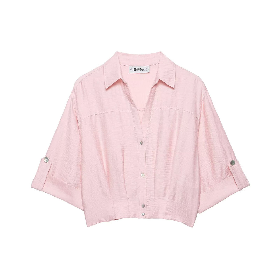 Damen Kastige Cropped-Bluse mit Hemdkragen, verkürztem Saum und Aufrollärmeln Echo Archiv