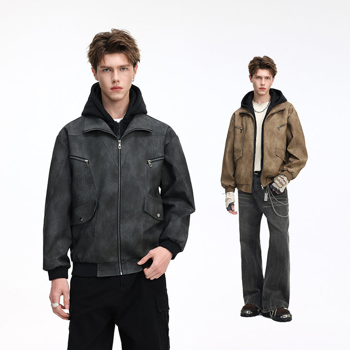 Herren Oversize-Blouson aus Kunstleder mit abnehmbarem Kapuzen‑Einsatz, Stehkragen und Utility‑Taschen Echo Archiv