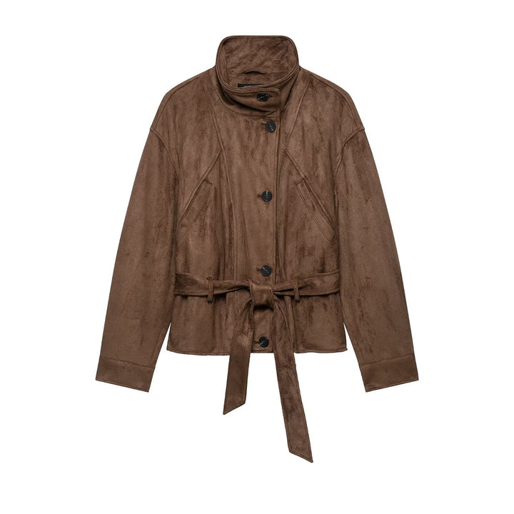 Damen Kurzjacke im Wildleder‑Look mit hohem Stehkragen, dekorativen Teilungsnähten und Bindegürtel Echoarchiv