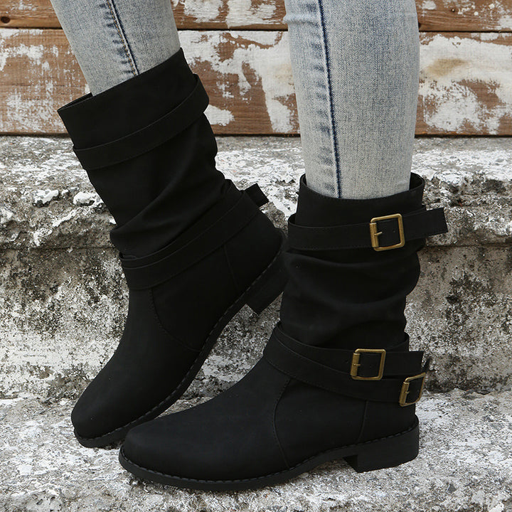 Damen nan lässige knöchelhohe Stiefelette mit gerafftem Schaft, dekorativen Schnallenriemen und flexibler Profilsohle Echo Archiv
