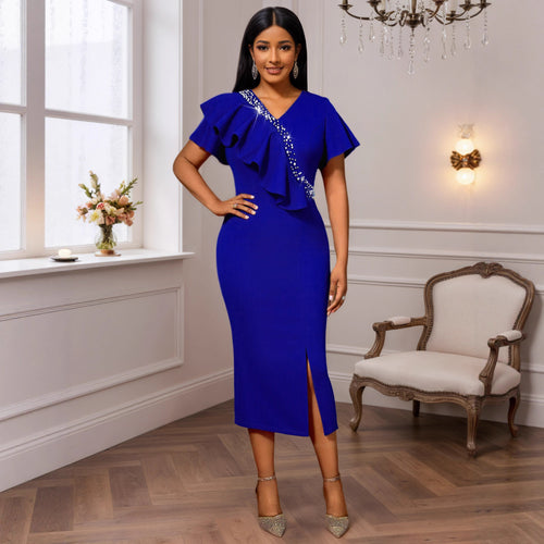 Damen figurbetontes Abendkleid mit asymmetrischem Rüschendesign und Glitzerdetails Echo Archiv