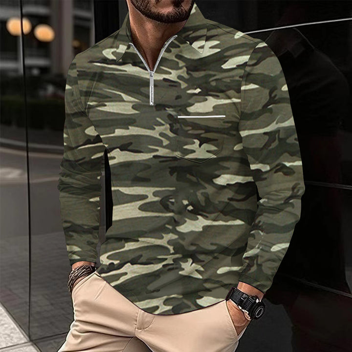 Herren Langarmshirt mit modischem Reißverschluss und Camouflage-Muster Echoarchiv