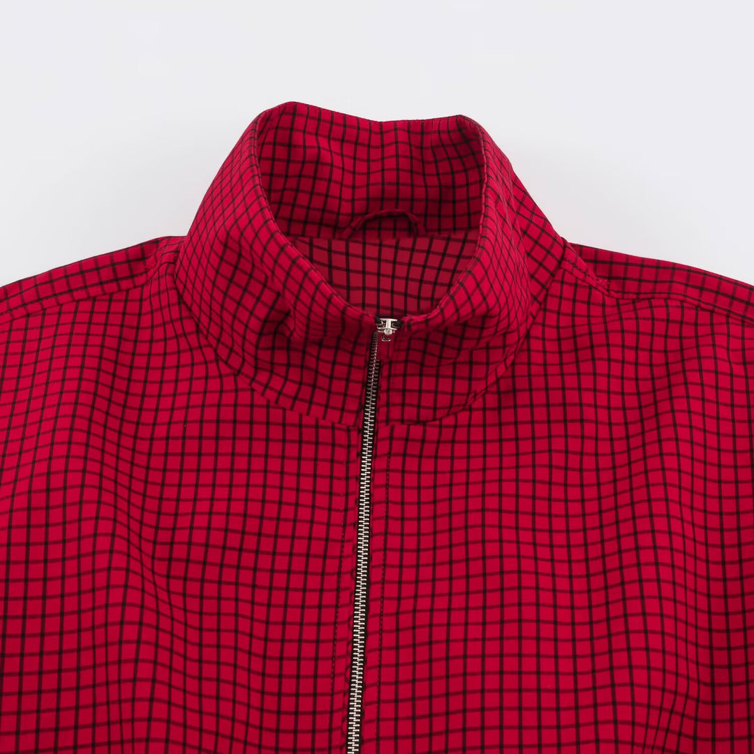 Damen Karierter Cropped-Blouson mit hohem Stehkragen, weitem Schnitt und Druckknopfmanschetten Echo Archiv