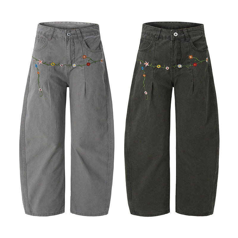 Damen Extraweite Denim-Palazzohose mit floraler Stickerei Echo Archiv