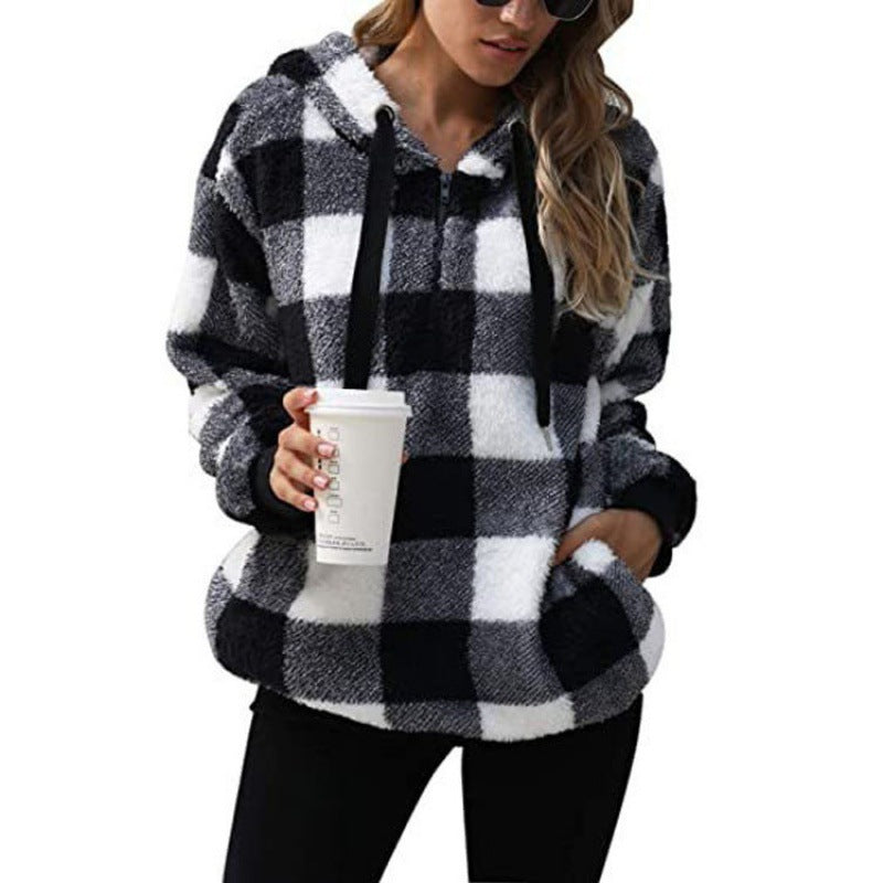 Damen Oversized Sherpa-Hoodie im Karomuster mit halbem Reißverschluss und Kängurutasche Echo Archiv