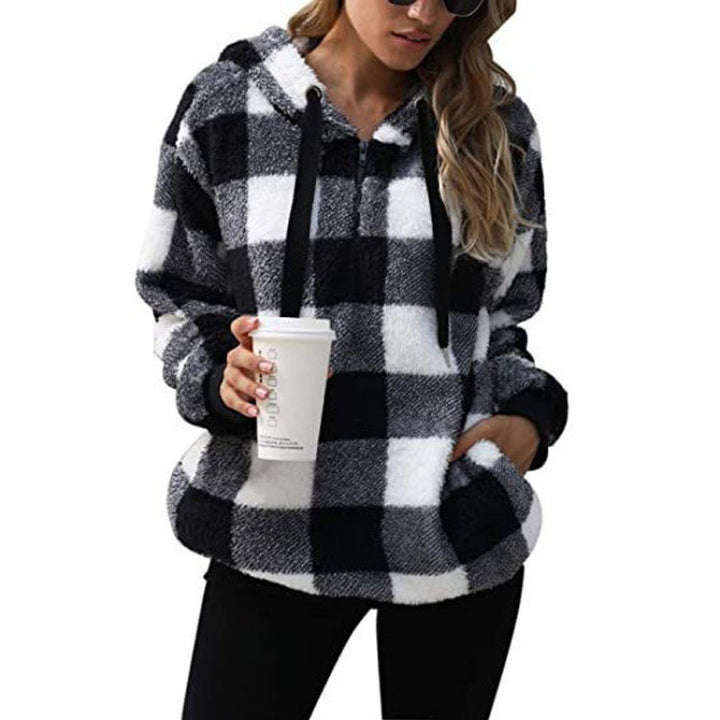 Damen Oversized Sherpa-Hoodie im Karomuster mit halbem Reißverschluss und Kängurutasche Echo Archiv