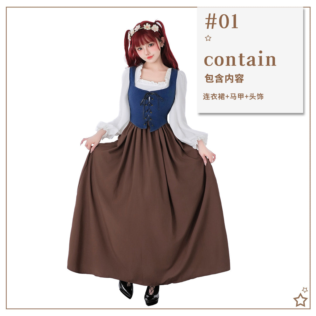 Damen nan mittelalterliches Dirndlkleid mit Schnürmieder, weiten Rüschenärmeln und bodenlangem Rock Echo Archiv