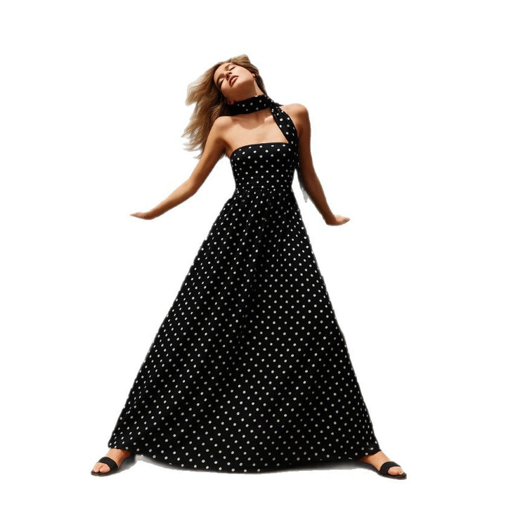 Damen nan trägerloses retroinspiriertes Punkte-Maxikleid mit taillierter Korsage, voluminösem Tellerrock und Bindeschal Echo Archiv