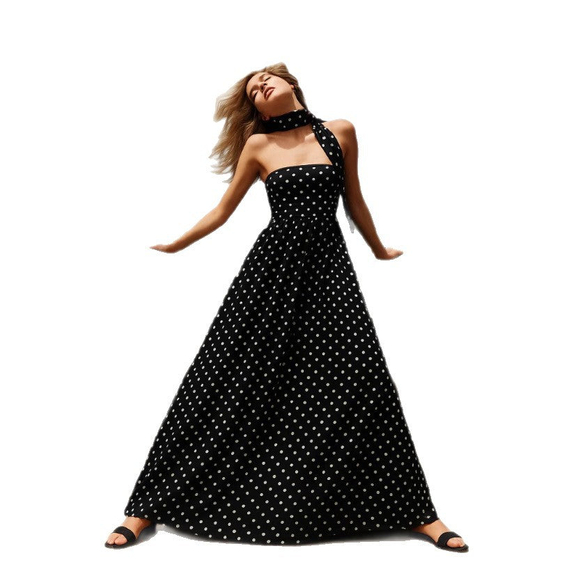 Damen nan bodenlanges Miederkleid mit Pünktchenmuster, weitem Tellerrock und fixiertem Halstuch Echo Archiv