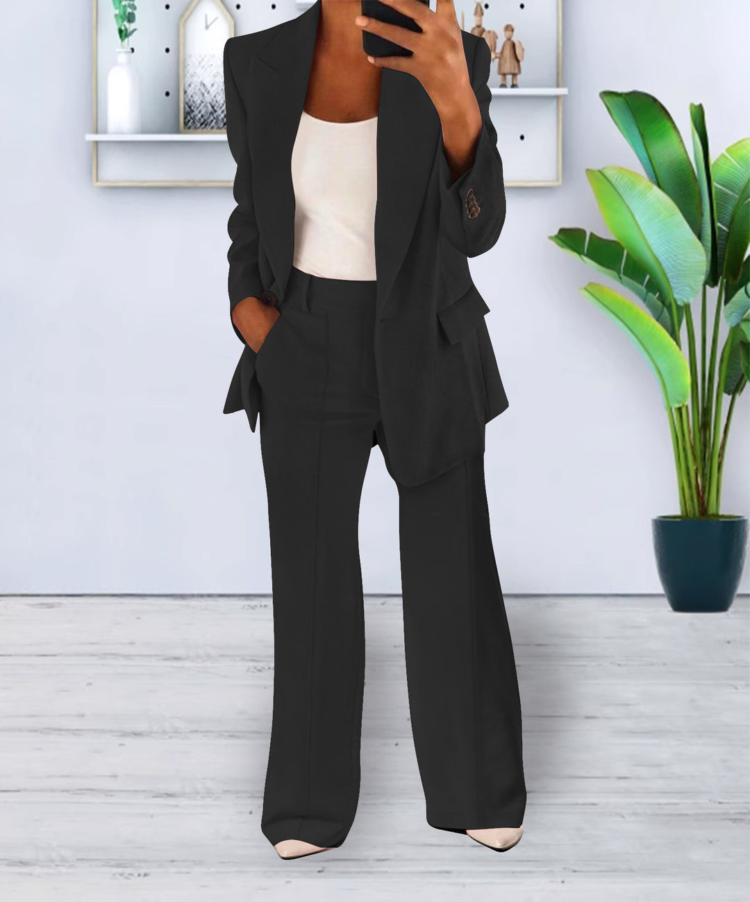 Damen Zweiteiliges Business-Casual Tailoring-Set mit Longline-Blazer und weitem Bundfalten-Hosenbein – Valéne