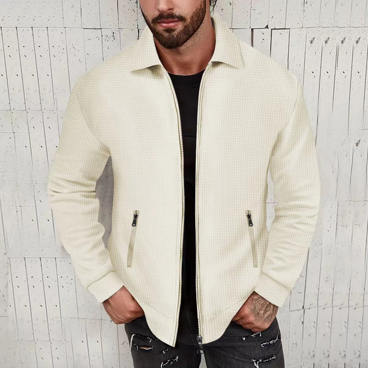 Herren minimalistische Stehkragen-Feinstrick-Übergangsjacke mit Zwei-Wege-Reißverschluss und verdeckten Reißverschlusstaschen – Taviero