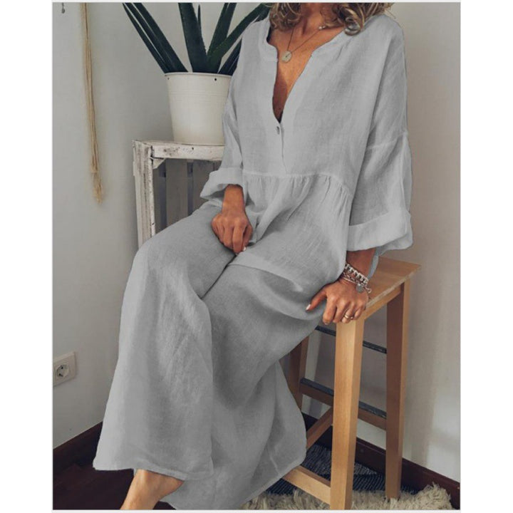 Damen Langes Leinen-Maxikleid mit V-Ausschnitt, geraffter Taille und 3/4-Ärmeln – Valéora