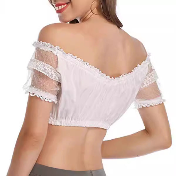 Damen  kurze Carmenbluse mit Spitzenärmeln und gerafftem Tunnelzug Echo Archiv