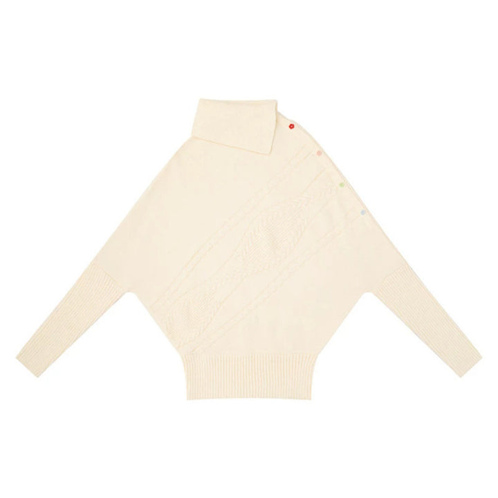 Damen Oversize-Pullover mit Rollkragen, asymmetrischer Schulter-Knopfleiste und Zopfstrick-Details Echoarchiv