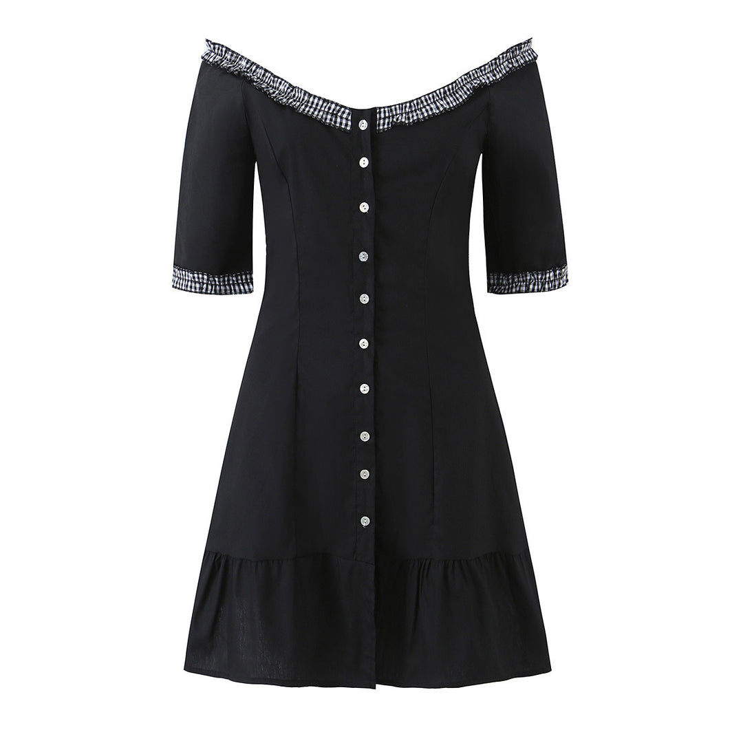 Damen Off-Shoulder Carmenkleid mit Knopfleiste, taillierter A‑Linie und kariertem Rüschenbesatz Echo Archiv