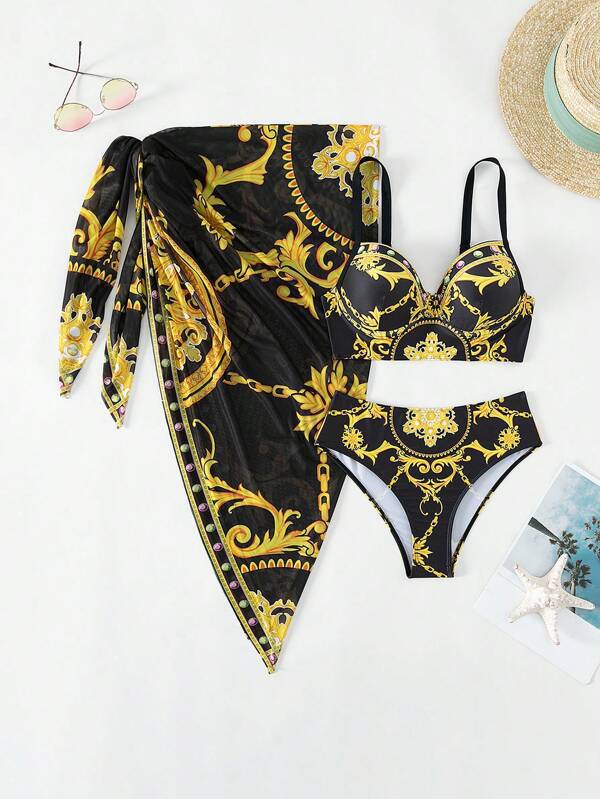 Damen Bikini-Set mit elegantem Mustermix und transparenter Strandtunika Echo Archiv