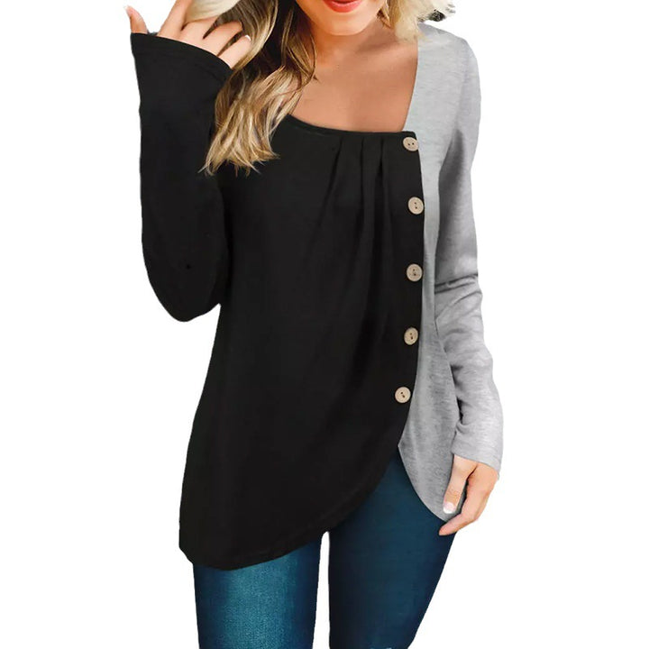 Damen Langarmshirt mit asymmetrischem Saum, Zweifarbiger Optik und Zierknopfleiste – Avérine