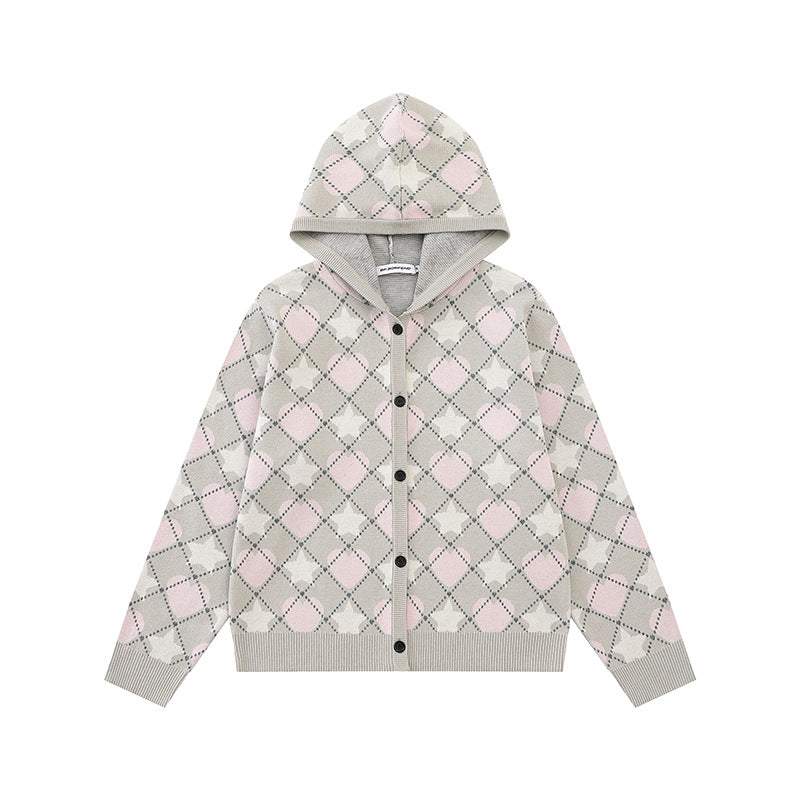 Damen Strick-Kapuzenjacke mit Rautenjacquard und Knopfleiste Echoarchiv