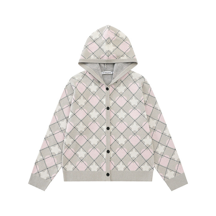 Damen Strick-Kapuzenjacke mit Rautenjacquard und Knopfleiste Echoarchiv