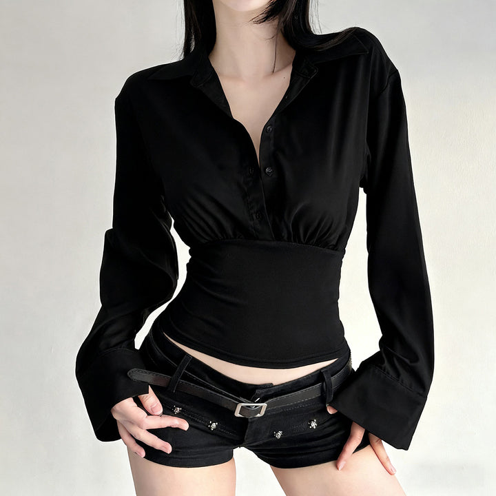 Damen nan taillierte Cropped-Bluse mit Hemdkragen und breitem Stretchbund Echo Archiv