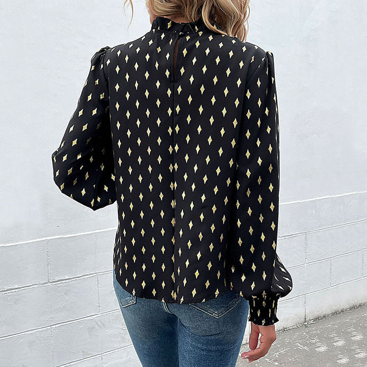 Damen Elegante Rüschen-Stehkragen-Bluse mit Puffärmeln und Smokbündchen Echoarchiv