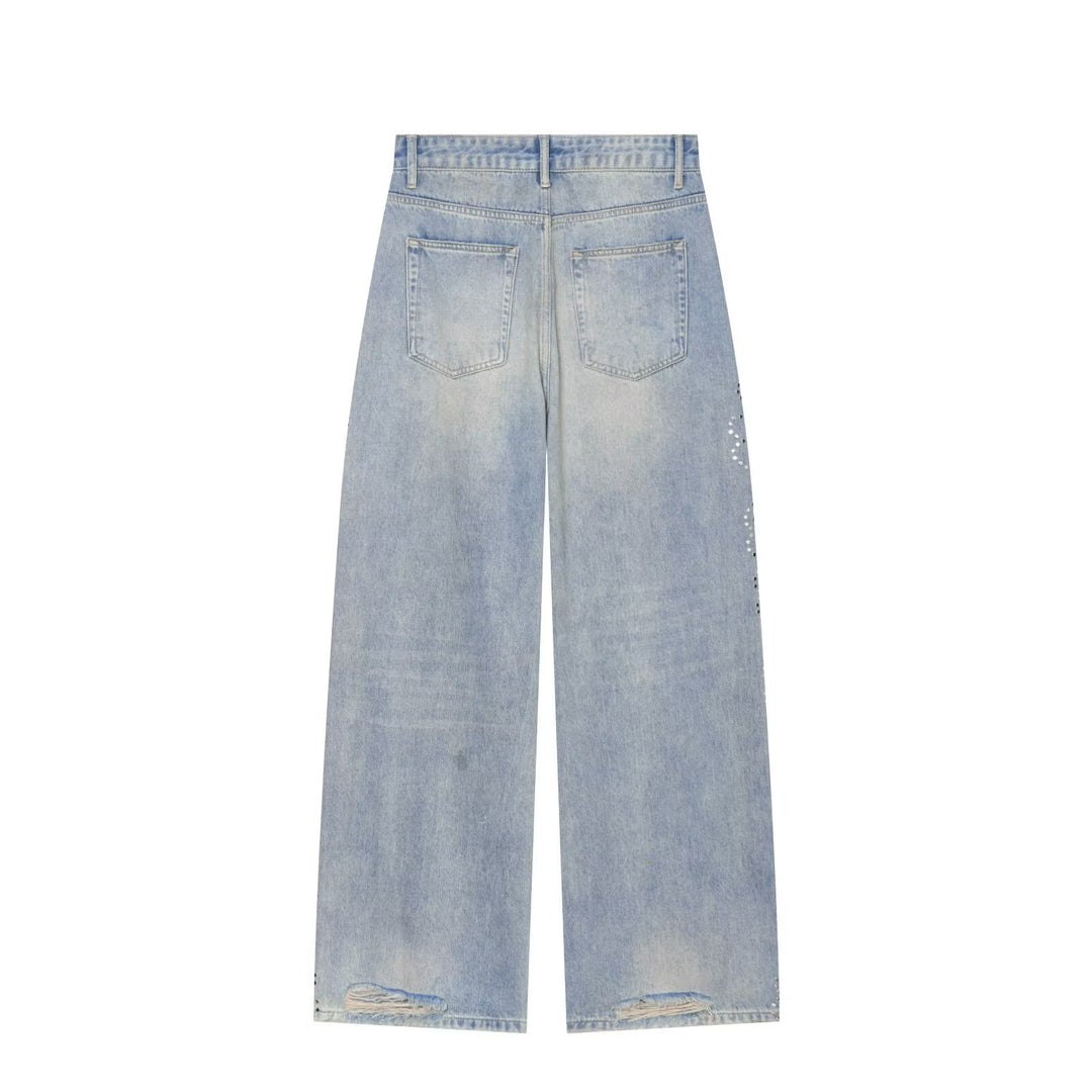 Damen High Waist Jeans mit weitem Bein, Destroyed-Details und Nietenapplikation Echo Archiv