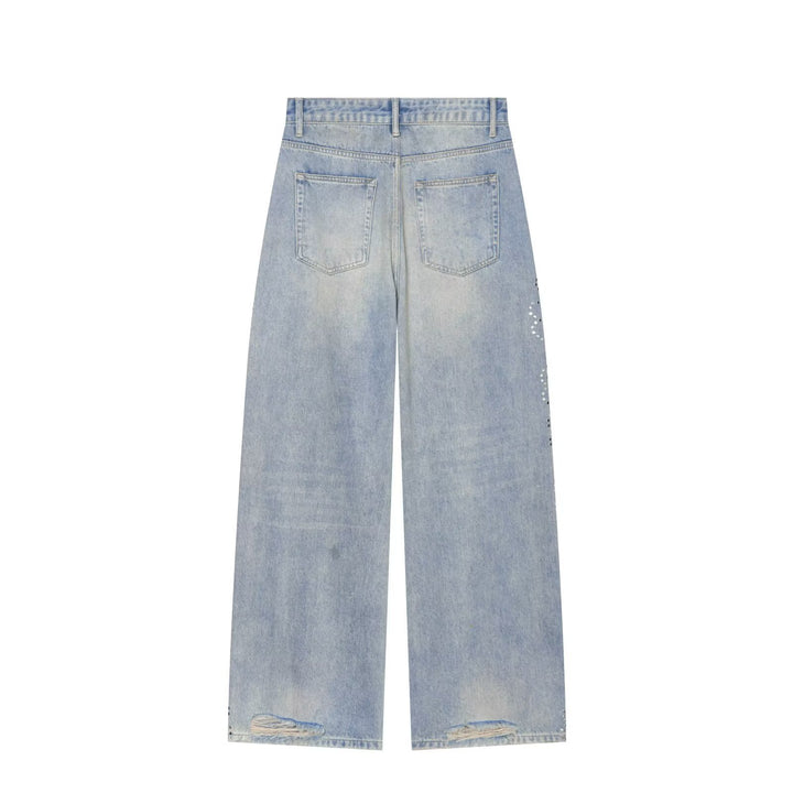 Damen High Waist Jeans mit weitem Bein, Destroyed-Details und Nietenapplikation Echo Archiv
