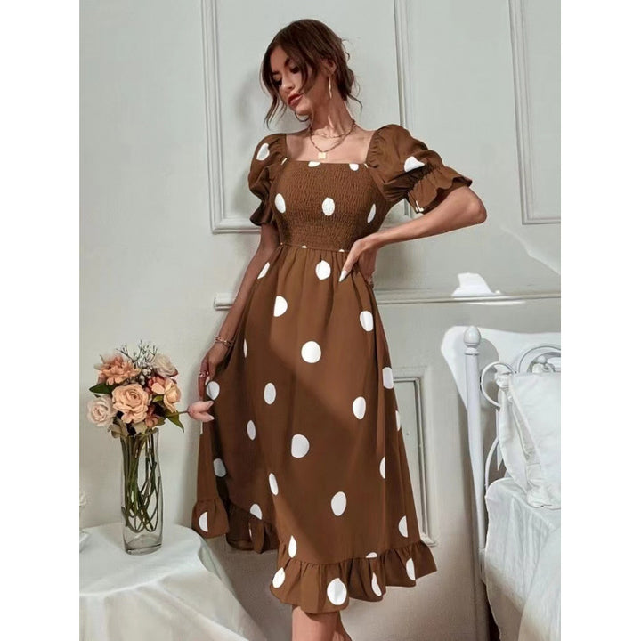 Damen Off-Shoulder Midi-Kleid mit Rüschensaum und Punkte-Design Echo Archiv